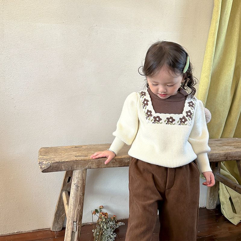 ins 秋冬新作　子供セーター　森ガール　フェイクレイヤード　セーター　花柄　子供服　ニットトップス