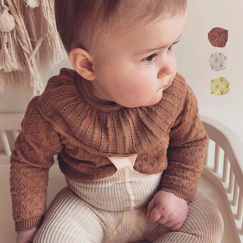 ins 秋新作　ins　ラッフル襟　子供セーター　インナー　ニットトップス 透かし雕り　子供服　可愛い