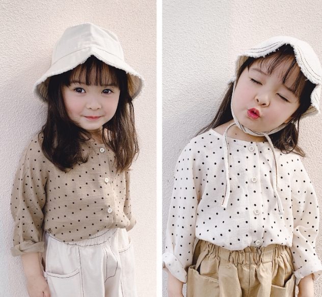 ins 秋　女の子　長袖シャツ　ドット柄　トップス　肌着　おしゃれ　子供服　部屋着　ルームウェア　可愛い
