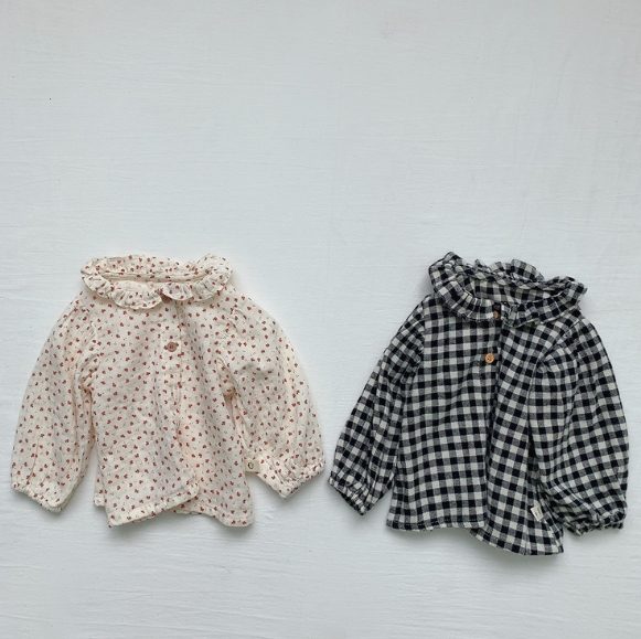 秋 女の子 総柄 長袖 シャツ チェック柄 コトン 子供服 可愛い ダックネック トップス
