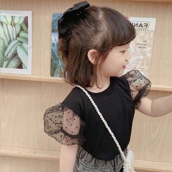 夏　レース袖　半袖　Tシャツ　女の子　ブラウス　トップス　水玉　可愛い　子供服　おしゃれ