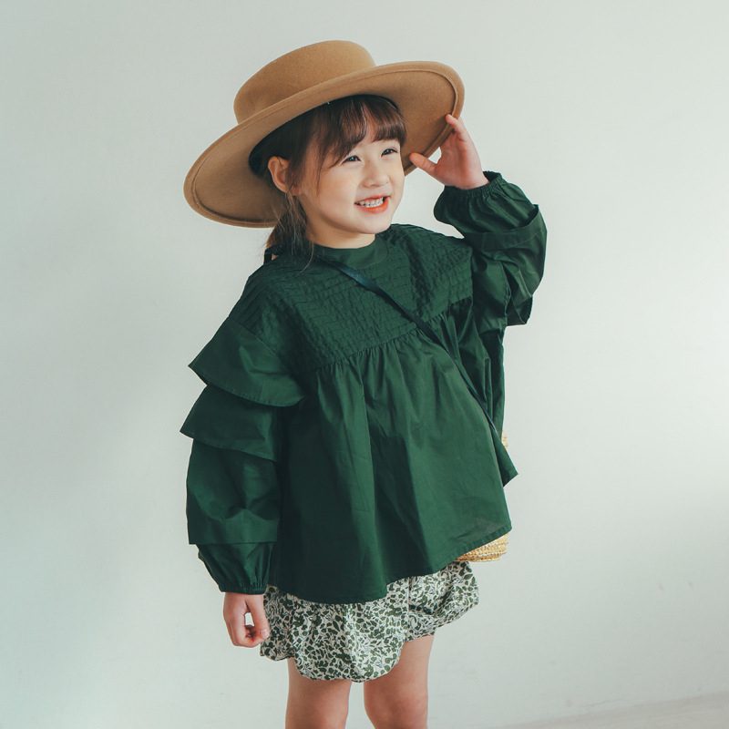 ins 秋新作　女の子　パフスリーブ　ブラウス　子供服　シャツ　長袖　おしゃれ　可愛い　春秋　トップス