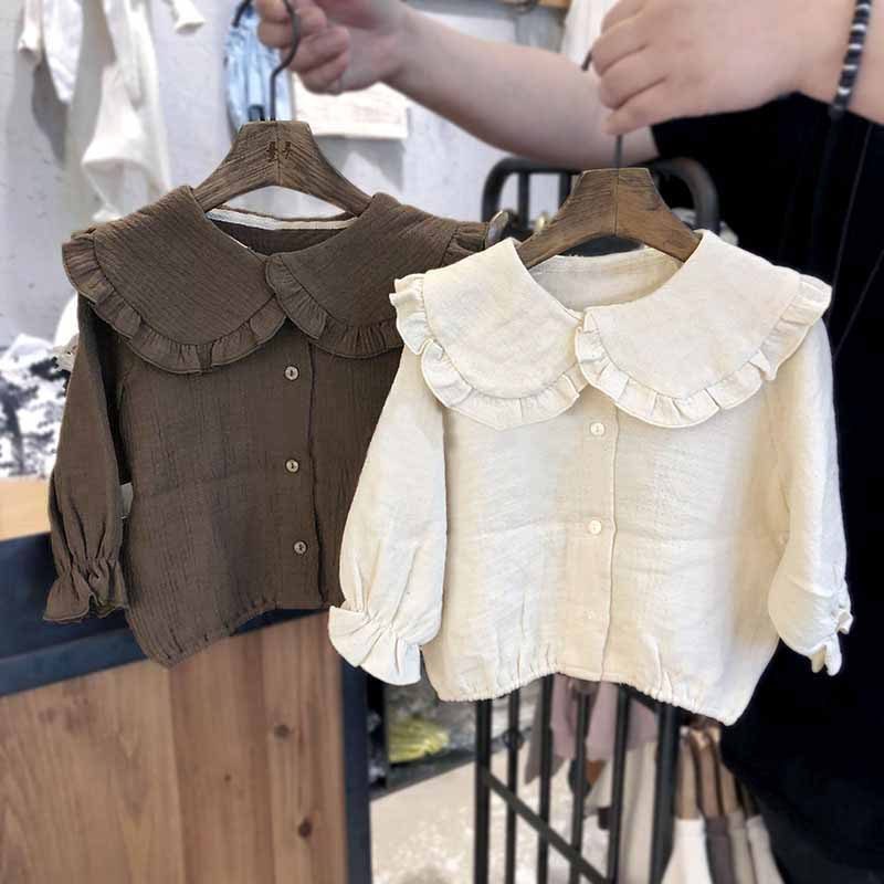 秋新作 レトロ風 子供服 リネン シャツ 長袖 ダック襟 ブラウス 麻色 無地 トップス