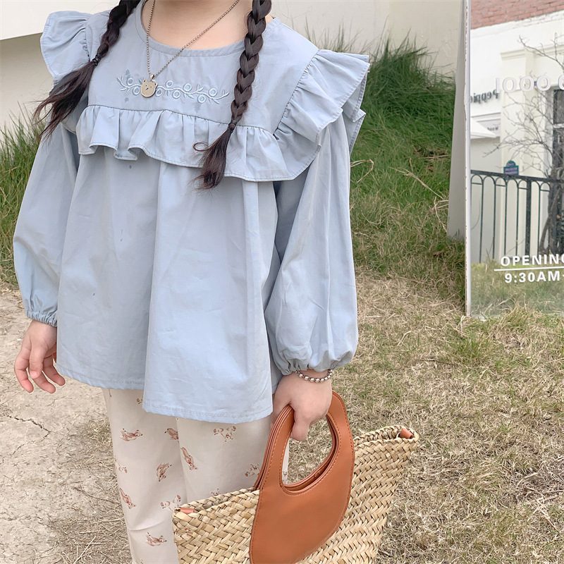 ins 秋新作　女の子　レトロ風　刺繍襟　シャツ　トップス　長袖　カジュアル　ブラウス　子供服
