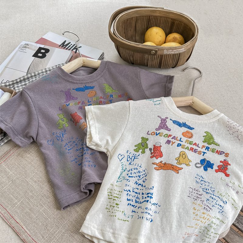 ins 夏新作 子供服 半袖Tシャツ プリント カジュアル トップス 可愛い 柔らかい Tシャツ