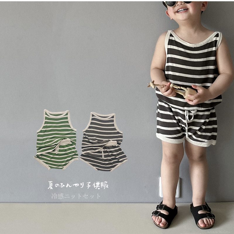 ins 夏新作 子供服 ニット セットアップ ベスト ショートパンツ ストライプ柄 柔らかい 涼しげ