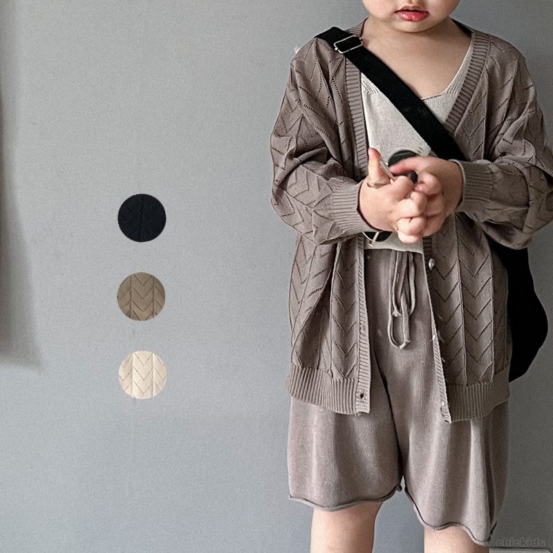 ins 夏新作　涼しげ　透かし雕り　森ガール　カーディガン　ニット　トップス　Vネック　可愛い　子供服