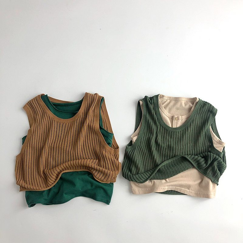 ins 夏新作　子供服　レトロ風　ニットベスト　薄手　柔らかい　カジュアル　トップス　涼しげ　重ね着