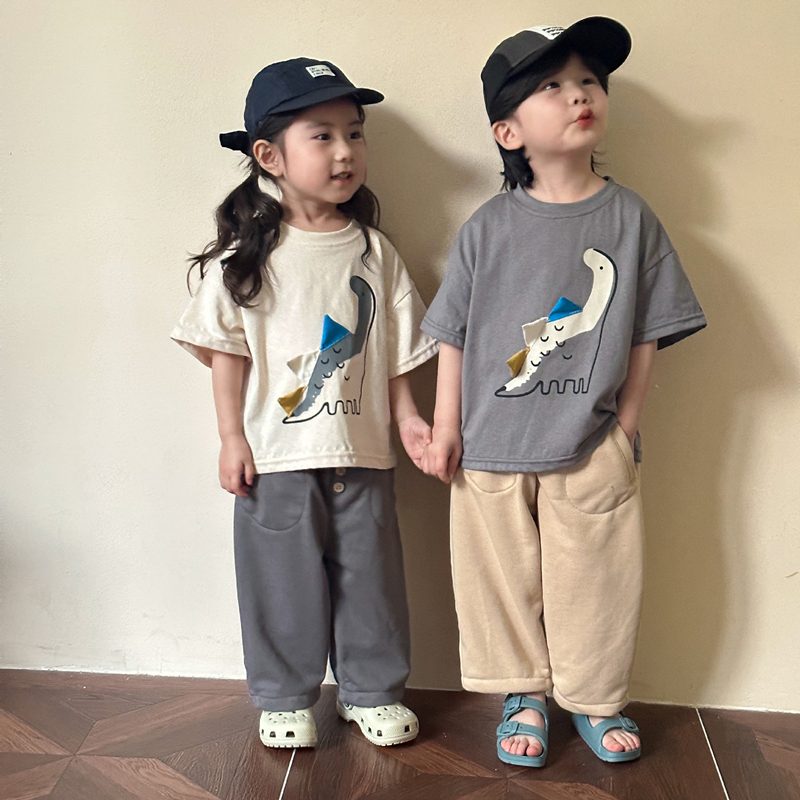 ins 夏新作　子供服　長袖Tシャツ　丸襟　ゆったり　綿100％　トップス　可愛い　ディノサウルス　半袖