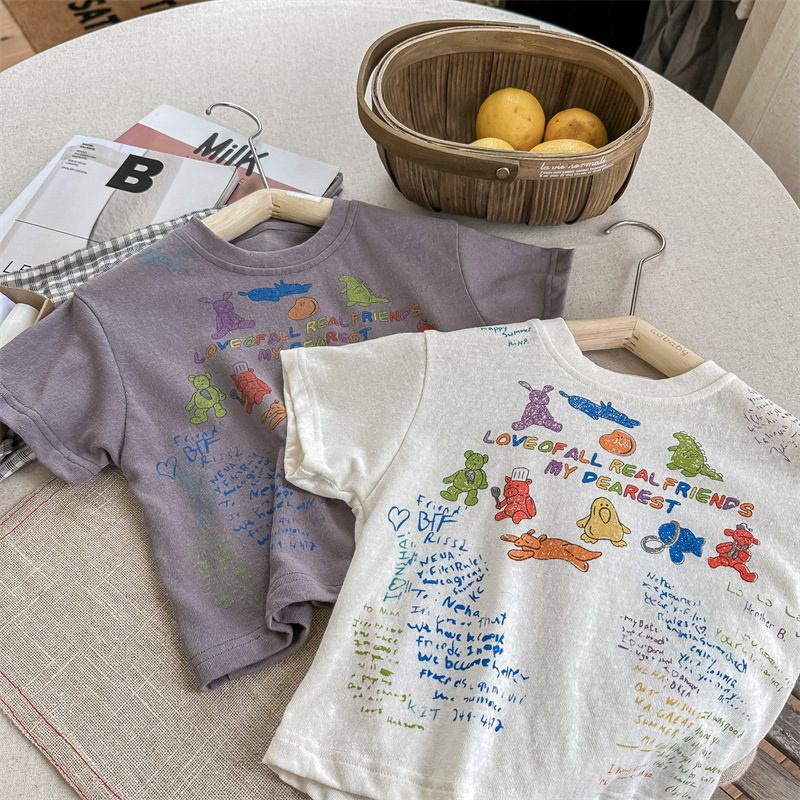ins　夏新作　子供服　プリント　半袖　Tシャツ　女の子　男の子　柔らか　インナーシャツ　カジュアル