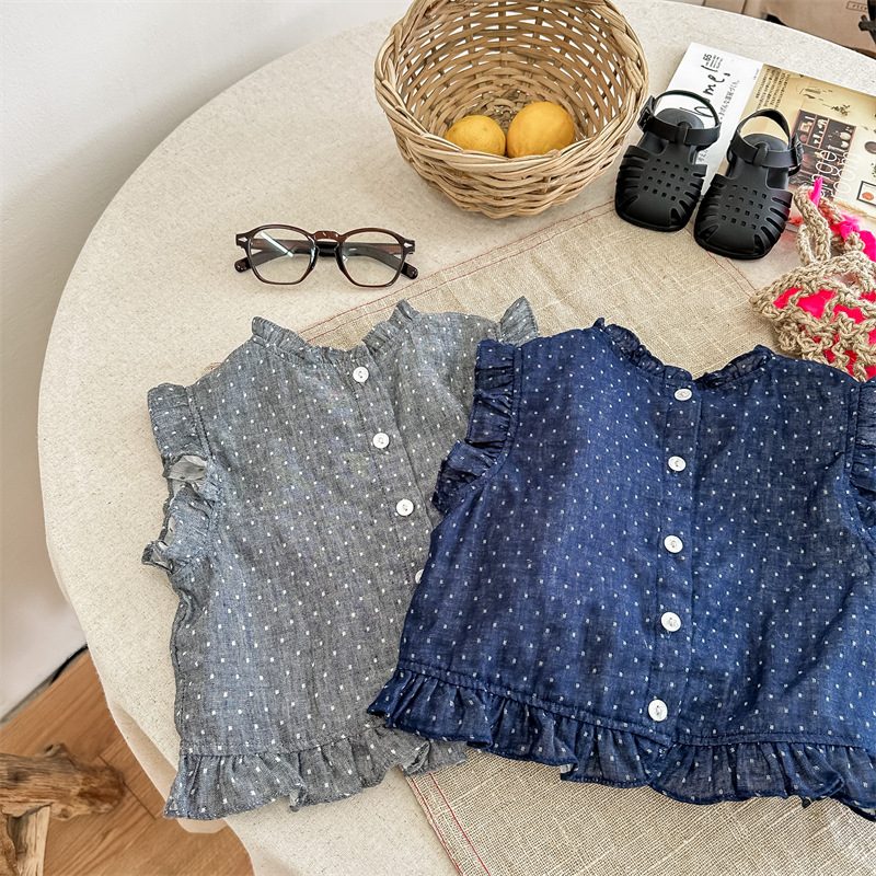 ins 夏新作　子供服　立ち襟　ドット柄　シャツ　ノースリーブ　ブラウス　カジュアル　フリル　トップス