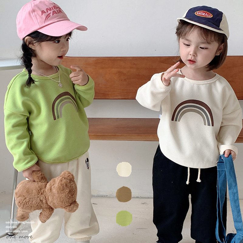 ins春秋　子供服　ワッフル　レインボー柄　トレーナー　カジュアル　長袖　トップス　可愛い　アウター