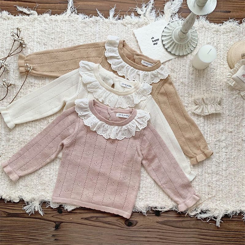 ins 秋新作　子供服　レース　ラッフル襟　長袖　Tシャツ　カジュアル　ニット　トップス　可愛い　女児