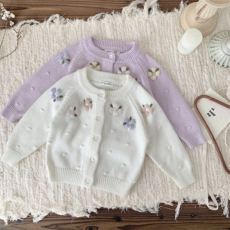 ins 秋新作　子供服　女の子　刺繍花柄　カーディガン　ニット　コート　可愛い　トップス　セーター