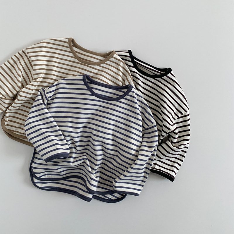 ins 秋新作　子供服　ユニセックス　長袖　Tシャツ　カジュアル　トップス　ストライプ柄　春　秋　3色