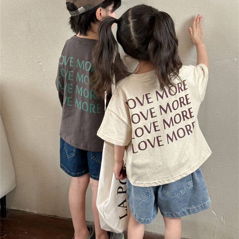 ins 夏新作　子供服　半袖　Tシャツ　クルーネック　綿100％　トップス　可愛い　英字　プリント　2色
