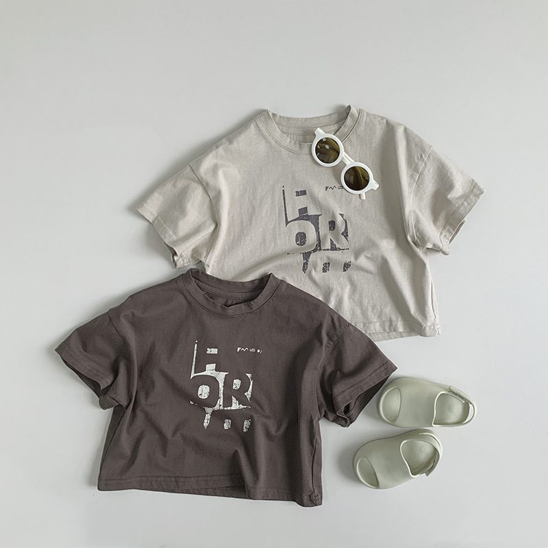 ins 夏新作　子供服　レトロ　半袖　Tシャツ　クルーネック　トップス　可愛い　英字　プリント　柔らか