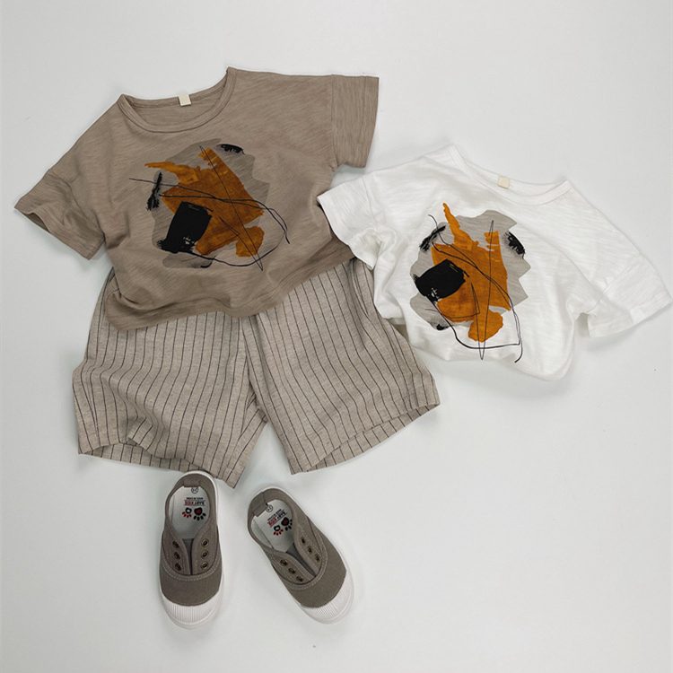 ins 夏新作　子供服　レトロ　半袖　Tシャツ　クルーネック　トップス　可愛い　プリント　柔らか　2色