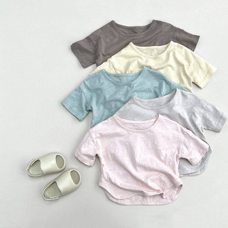 ins 夏新作　子供服　半袖Tシャツ　クルーネック　カジュアル　トップス　可愛い　無地　定番　柔らか　5色