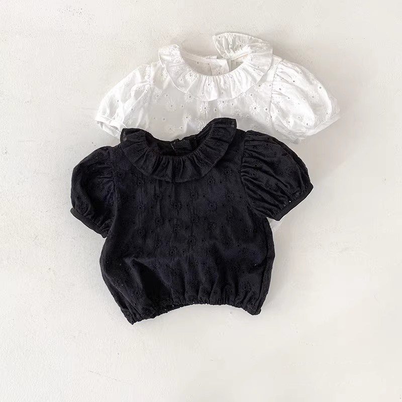 ins 夏新作　子供服　女の子　レース透かし　ラッフルカラー　半袖　ブラウス　トップス　可愛い　シャツ