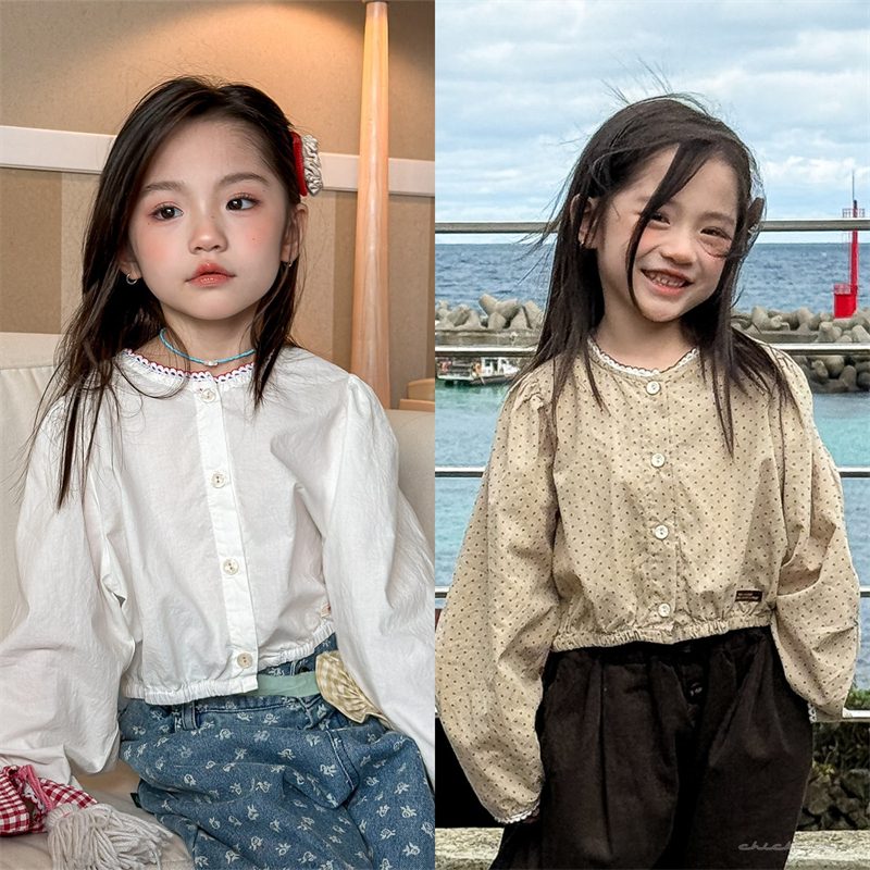 ins 秋新作　子供服　女の子　パフスリーブ　長袖　シャツ　カジュアル　トップス　可愛い　おしゃれ　2色