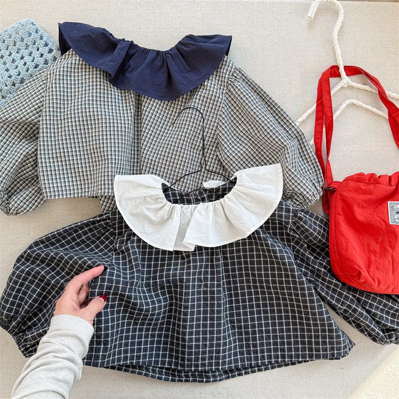 ins 秋新作 女の子 ラッフルカラー パフスリーブ ブラウス 2色 格子柄 トップス 可愛い 子供服