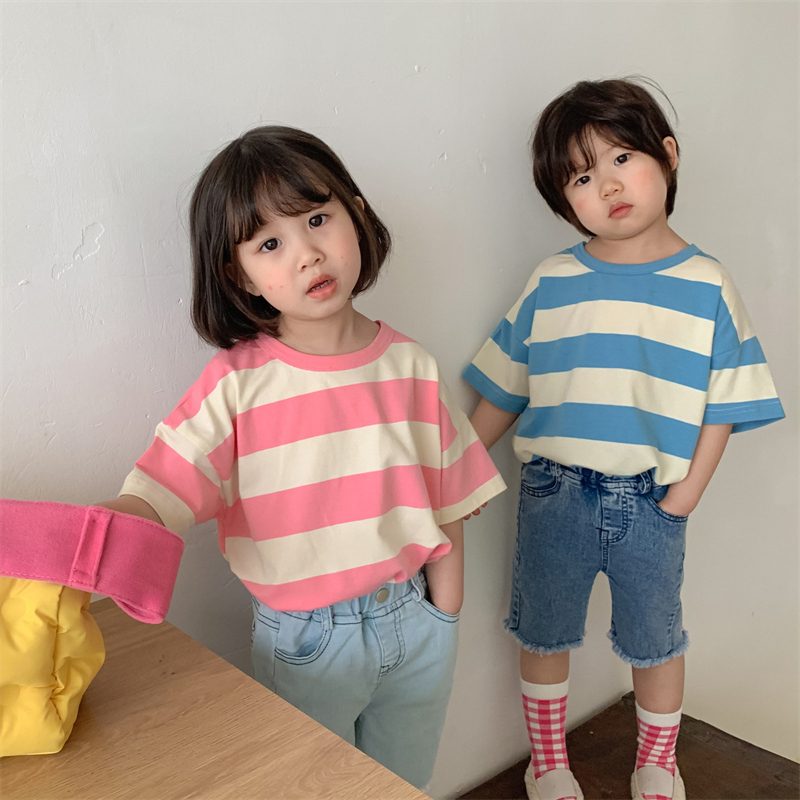 ins 夏新作　子供服　キッズ　ストライプ柄　半袖　Tシャツ　カジュアル　トップス　可愛い　おしゃれ　2色