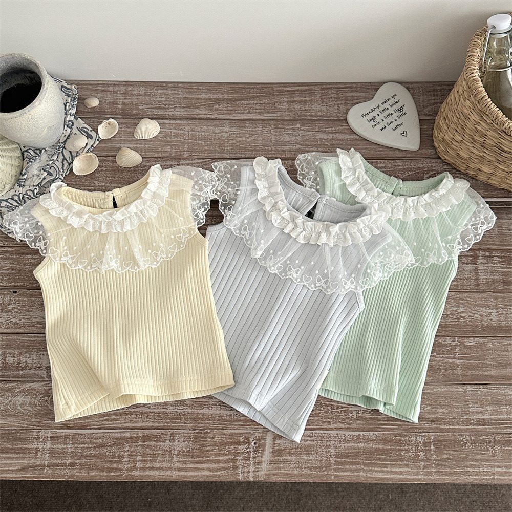 夏新作　子供服　女の子　レース　ラッフル襟　ノースリーブ　Tシャツ　可愛い　リブ　ベスト　3色