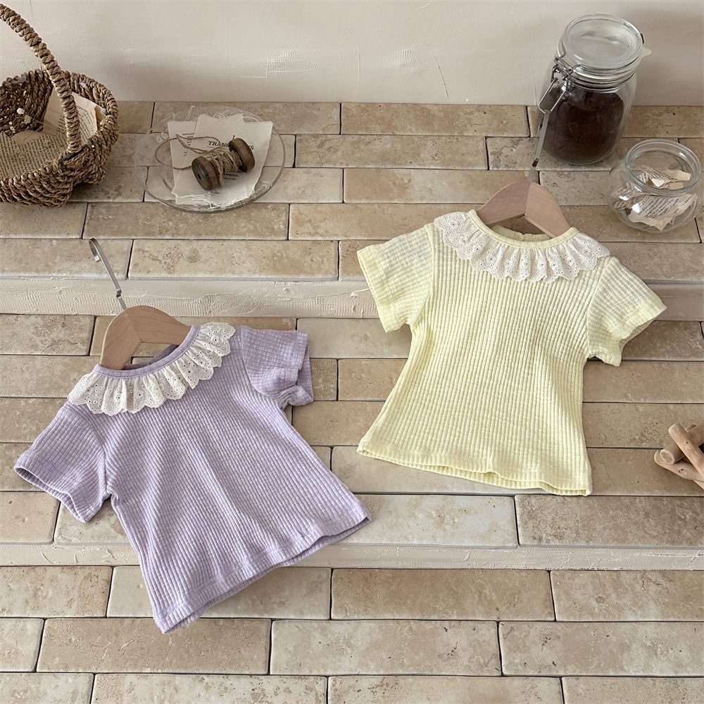 夏新作　子供服　女の子　レース　リブ　半袖Tシャツ　カジュアル　トップス　可愛い　おしゃれ　2色