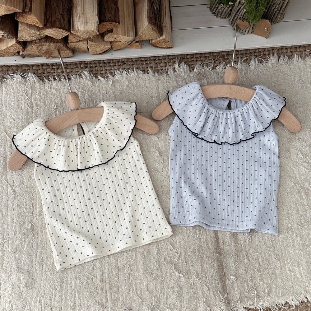 夏新作　子供服　女の子　水玉　ノースリーブ　Tシャツ　可愛い　リブ　ベスト　柔らか　トップス　2色