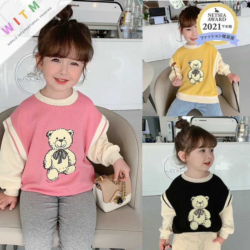 春新作 クマ 韓国子供服 プルオーバー 重ね着 レイヤード トップス 長袖 キッズ女の子 可愛い