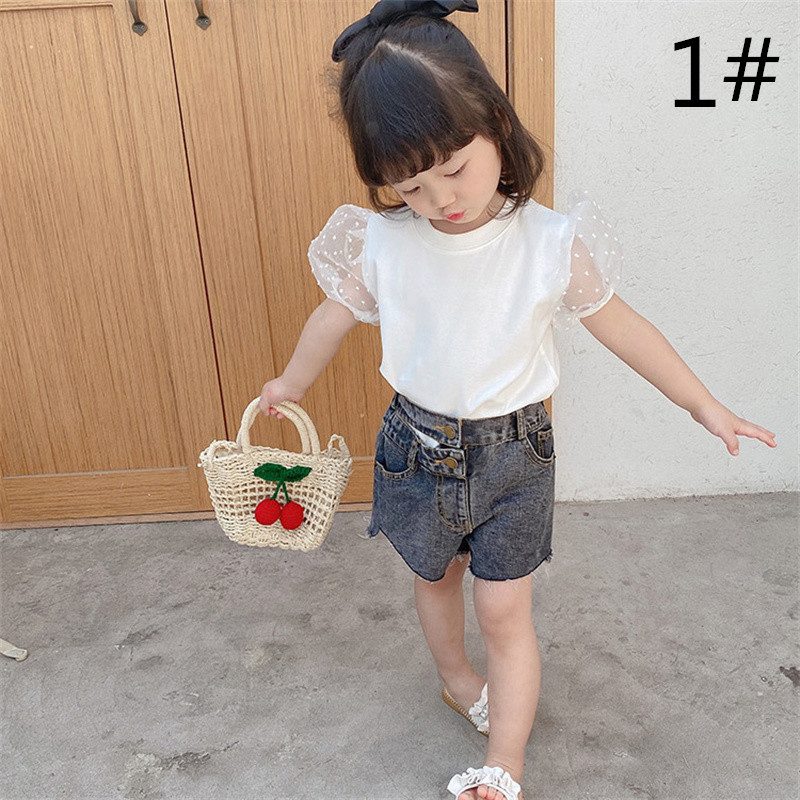 春夏新作 キッズ Tシャツ 子供服 キッズtシャツ パフスリーブ レース切替 女の子 可愛い