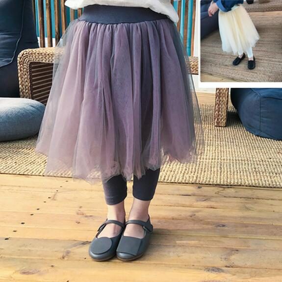 秋　女の子　フェイクレイヤード　チュールスカート　パンツ　子供服　ボトムス　おしゃれ　重ね着　可愛い
