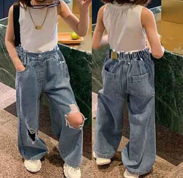 子供　ダメージデニムパンツ　キッズ服　ロング　ジーンズ　ワイドパンツ　子供服　ゆったり　カジュアル