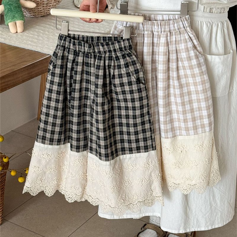 ins 秋新作　女の子　レースドッキング　ワイドパンツ　格子柄　子供服　カジュアル　ボトムス　ペチコート