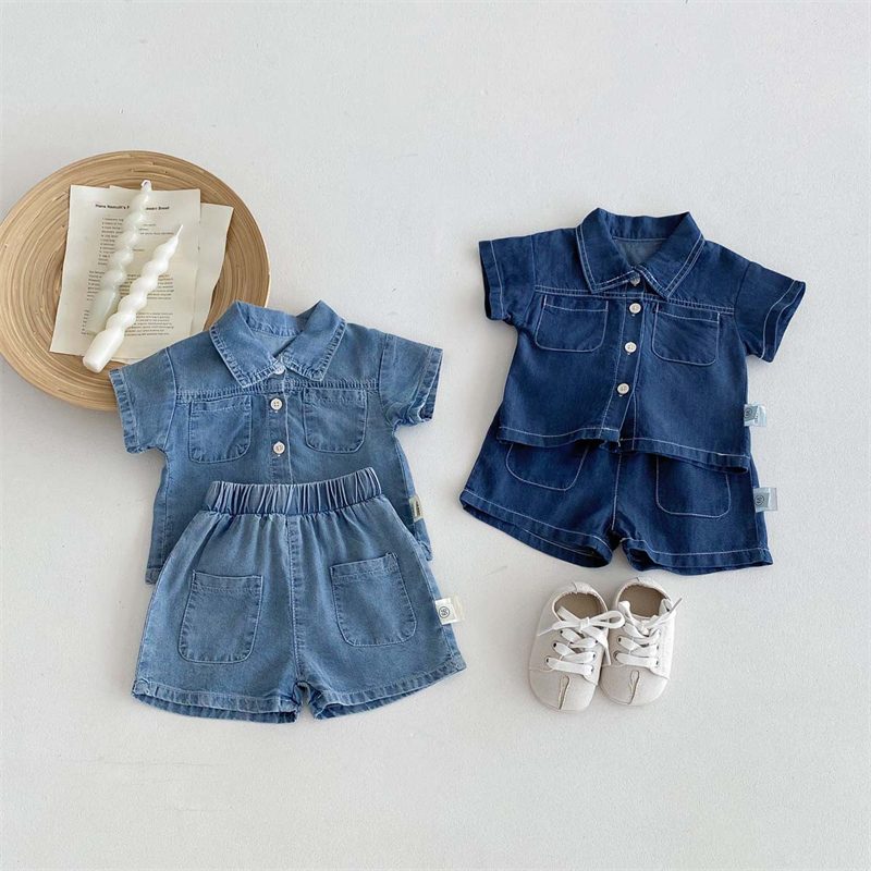 ins 夏新作 子供服 デニム セットアップ 半袖シャツ ショートパンツ 柔らか 2点セット 可愛い
