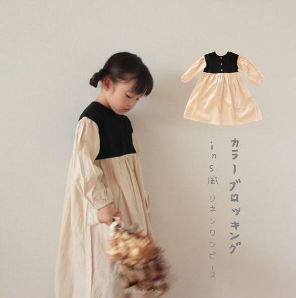ins 秋新作　女の子　カラーブロッキング　リネン　ワンピース　森ガール　子供服　Aライン　ワンピース