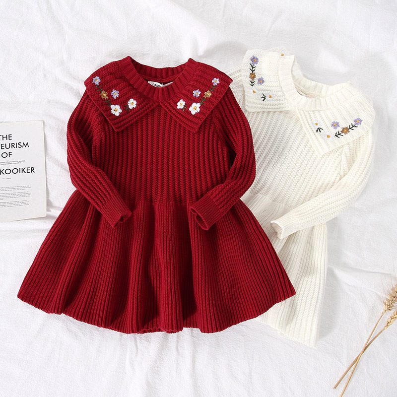 ins 秋冬新作　女の子　花柄　刺繍襟　ニットワンピース　無地　可愛い　おしゃれ　フリル　ワンピース