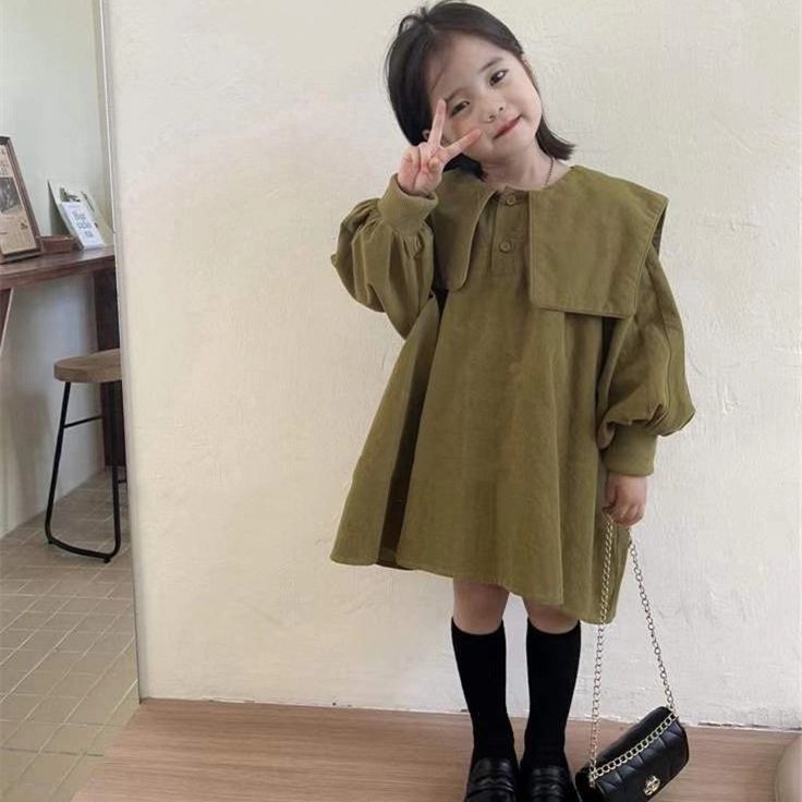 ins 冬新作　女の子　無地　ワンピース　コーデュロイ　子供服　可愛い　厚手　長袖ワンピース　秋冬