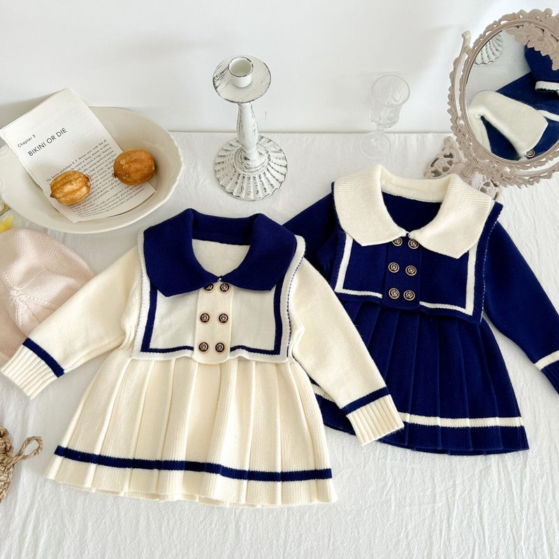 ins 秋冬新作　セーラー服風　女の子　ニットワンピース　可愛い　プリーツ　ワンピース　子供服