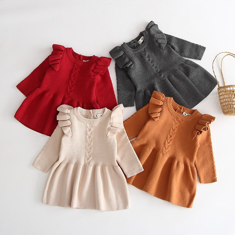 秋冬新作　キッズ服　女の子　ニットワンピース　無地　可愛い　おしゃれ　フリル　ワンピース　女児