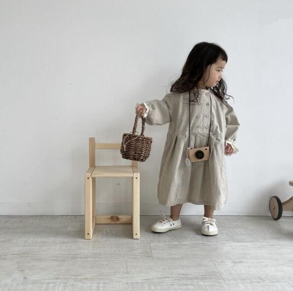 秋 女の子 ワンピース リネン 無地 子供服 プリーツ 森ガール フリル 綿麻 長袖 可愛い