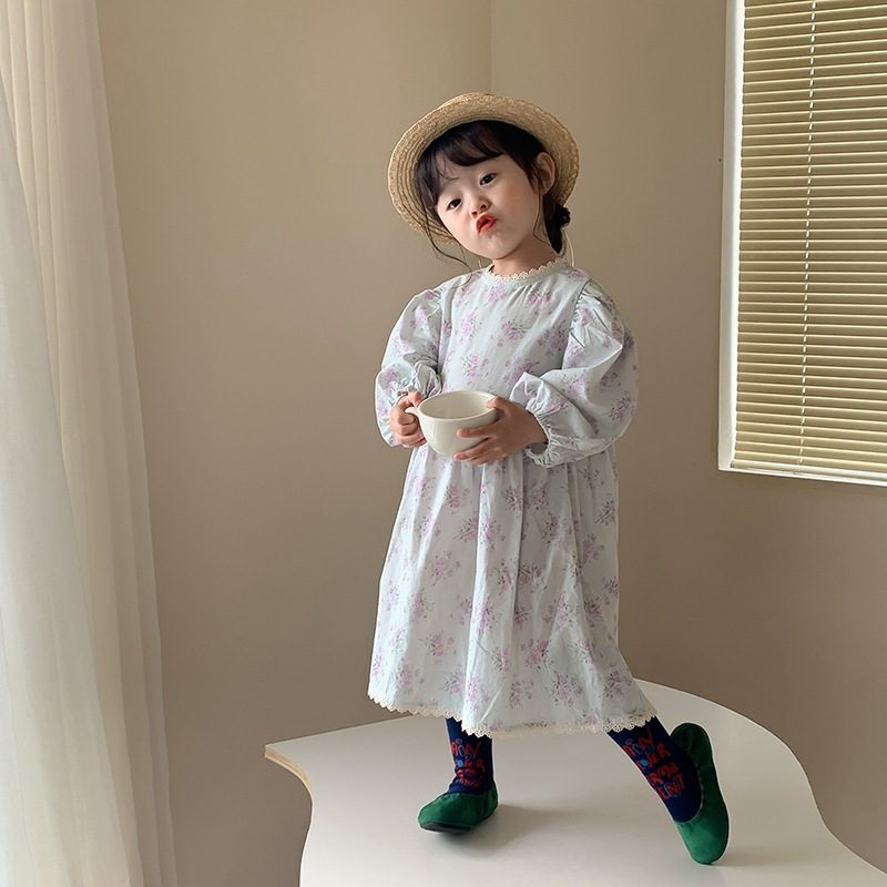 ins 新作　秋　女の子　レース襟　総柄ワンピース　パフスリープ　森ガール　子供服　花柄　ワンピース