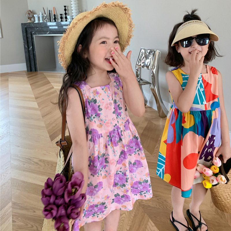 ins 新作 夏 女の子 スクエアネック 総柄 ワンピース 子供服 ノースリーブ 花柄 可愛い
