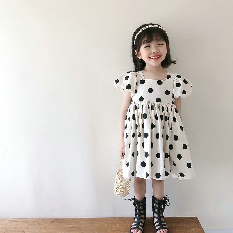 ins 新作　女の子　スクエアネック　ドット柄　ワンピース　子供服　フリル　パフスリープ　半袖　可愛い