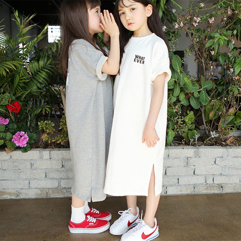 夏 女の子 無地 裾スリット 半袖 Tシャツワンピース カジュアル 可愛い 子供服 ワンピース 親子服