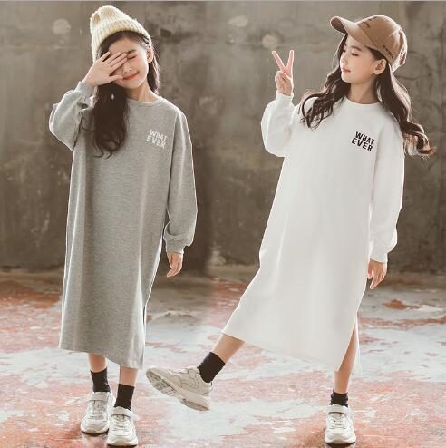 秋　女の子　無地　裾スリット Tシャツワンピース　カジュアル　可愛い　子供服　長袖　ワンピース