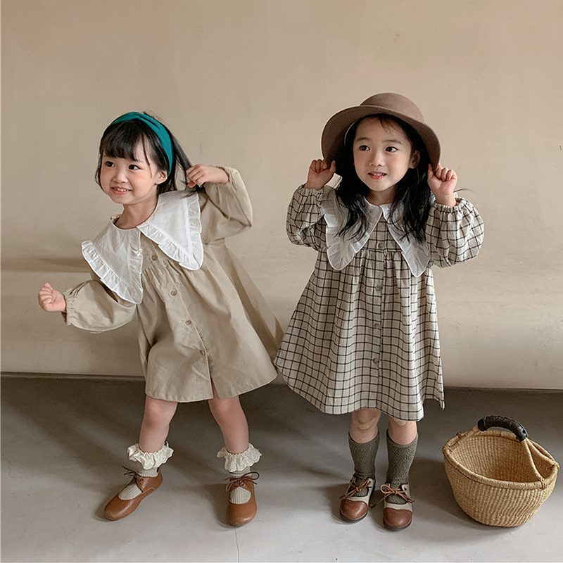 ins　大きな襟　女の子　ワンピース　キッズ服　Aライン　無地　ギンガムチェック　ゆったり　カジュアル