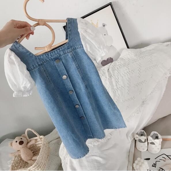 夏新作 韓国風子供服 韓国ファッション デニムワンピース レース袖 女の子 キッズ服 子供服