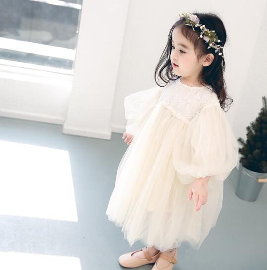 春秋新作　ワンピース　子供服　長袖　キッズ　女の子　フリル　チュール　可愛い　パフスリーブ　おしゃれ
